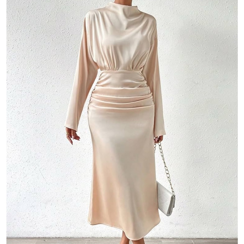 Mock Neck Ruched Waist Ruched Detail Dress